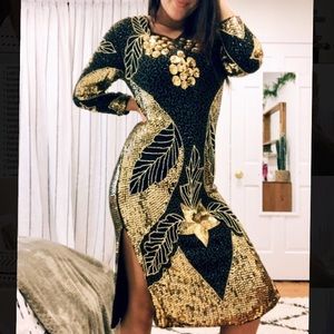 Vintage Black Gold Sequin Silk Beaded Dress